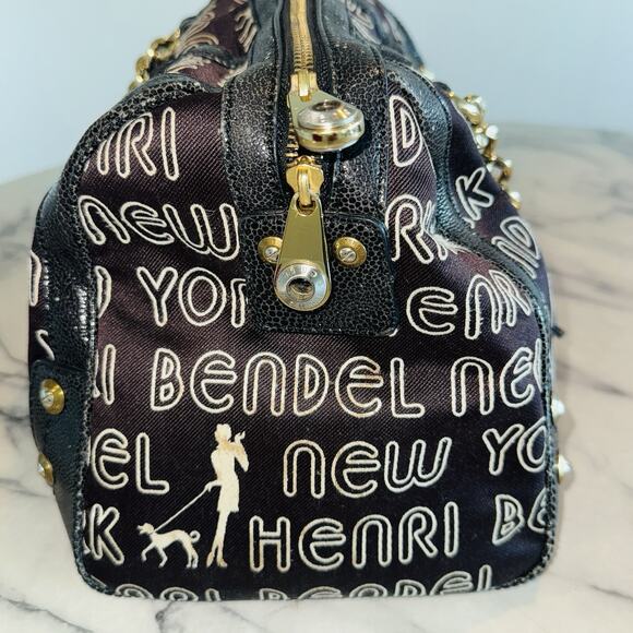 Henri Bendel Signature Brown Logo Speedy Satchel Large Handbag 13"x7x8 Gold - Picture 5 of 13